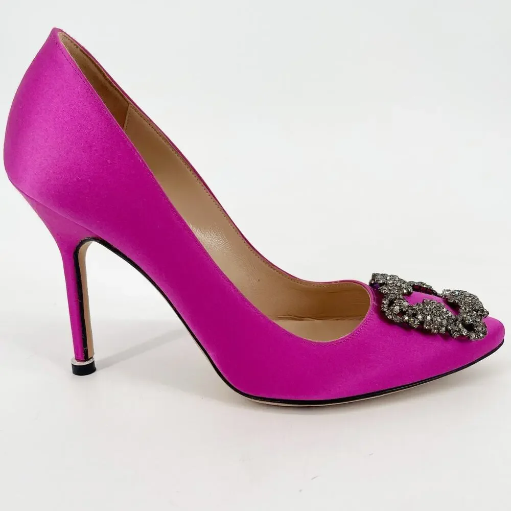 Manolo Blahnik Fuchsia Hangisi Satin Pointed Toe Crystal Detailed Pump IT 37.5 - Picture 2 of 12